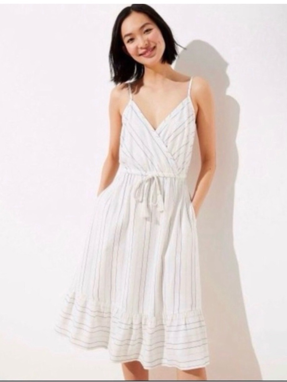 LOFT White Dress with Light Blue Stripes Tie-Waist Midi